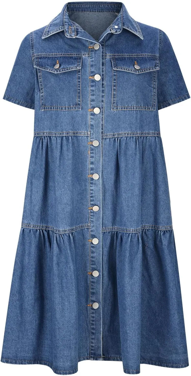 Summer Denim Shirt Dresses Womens Lapel Button Down Short Sleeve Tunic Dress Casual Loose Fit Jean Knee Length Dress