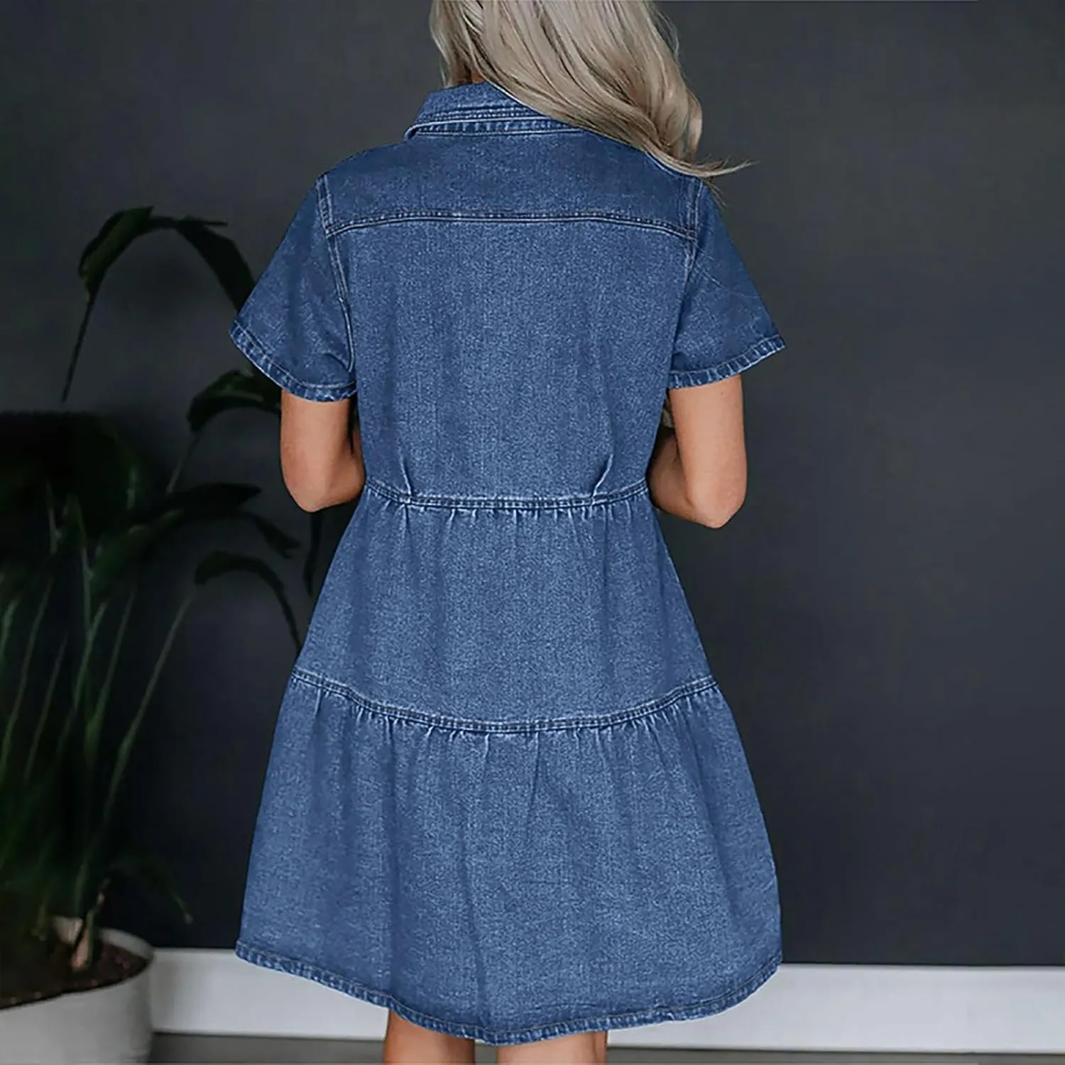 Summer Denim Shirt Dresses Womens Lapel Button Down Short Sleeve Tunic Dress Casual Loose Fit Jean Knee Length Dress