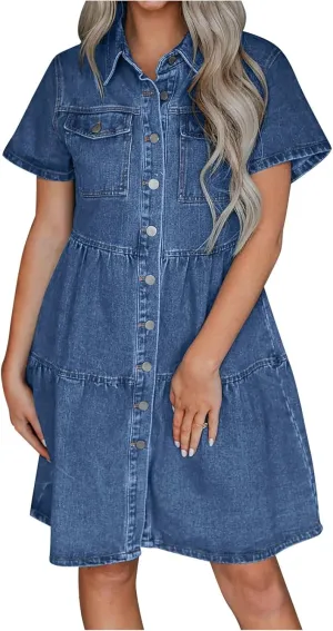 Summer Denim Shirt Dresses Womens Lapel Button Down Short Sleeve Tunic Dress Casual Loose Fit Jean Knee Length Dress
