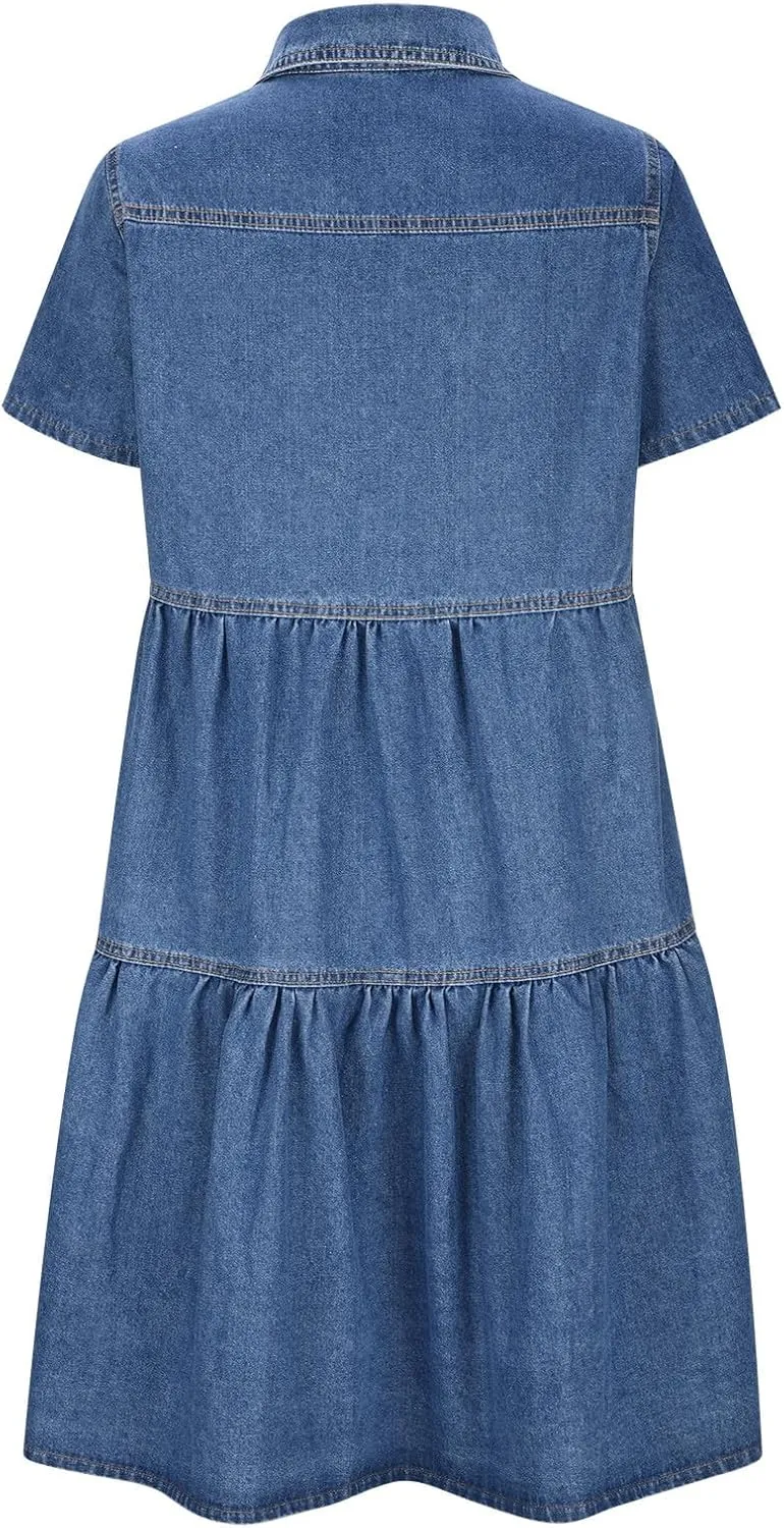 Summer Denim Shirt Dresses Womens Lapel Button Down Short Sleeve Tunic Dress Casual Loose Fit Jean Knee Length Dress