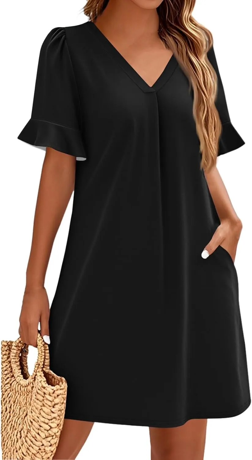 Summer Dresses for Women 2025 V Neck Ruffle Short Sleeve Shift Dress Loose Casual A Line T Shirt Dresses with Pockets