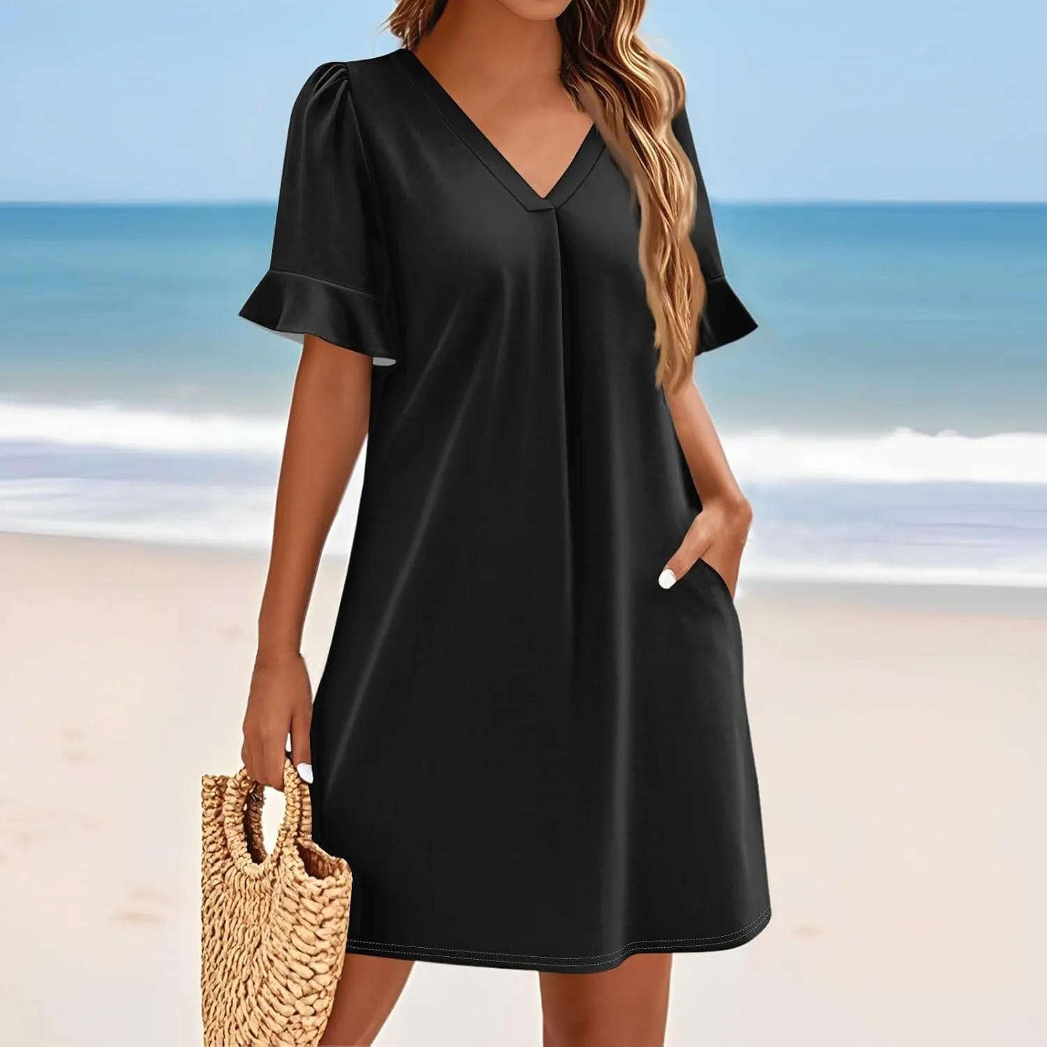 Summer Dresses for Women 2025 V Neck Ruffle Short Sleeve Shift Dress Loose Casual A Line T Shirt Dresses with Pockets