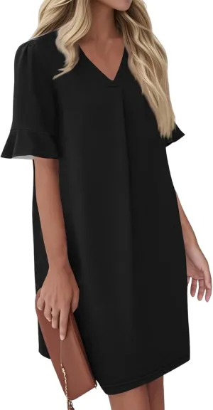 Summer Dresses for Women 2025 V Neck Ruffle Short Sleeve Shift Dress Loose Casual A Line T Shirt Dresses with Pockets