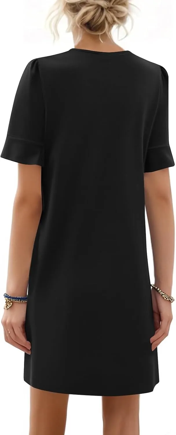 Summer Dresses for Women 2025 V Neck Ruffle Short Sleeve Shift Dress Loose Casual A Line T Shirt Dresses with Pockets