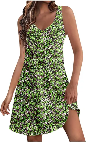 Summer Floral Dress for Women Casual Sleeveless V Neck Tank Dresses Womens Boho Beach Vacation Mini Sundress