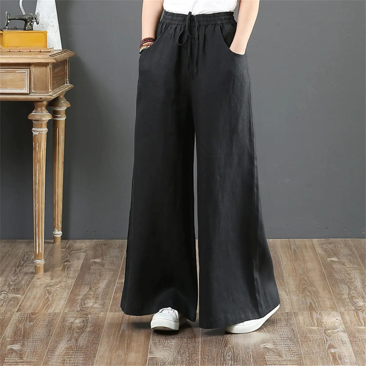 Summer Linen Palazzo Pants for Women Flowy Wide Leg Beach Pants with Pockets High Waisted Loose Baggy Trousers