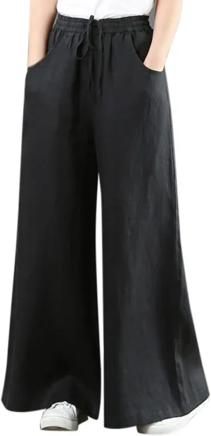Summer Linen Palazzo Pants for Women Flowy Wide Leg Beach Pants with Pockets High Waisted Loose Baggy Trousers