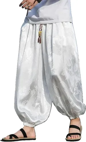 Summer Men's Ice Silk Harem Pants Chinese Tang Dynasty Vintage Jacquard Pants Loose Harem Leaf Print Hip Hop