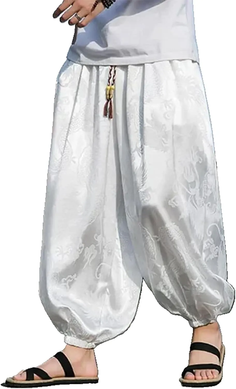 Summer Men's Ice Silk Harem Pants Chinese Tang Dynasty Vintage Jacquard Pants Loose Harem Leaf Print Hip Hop