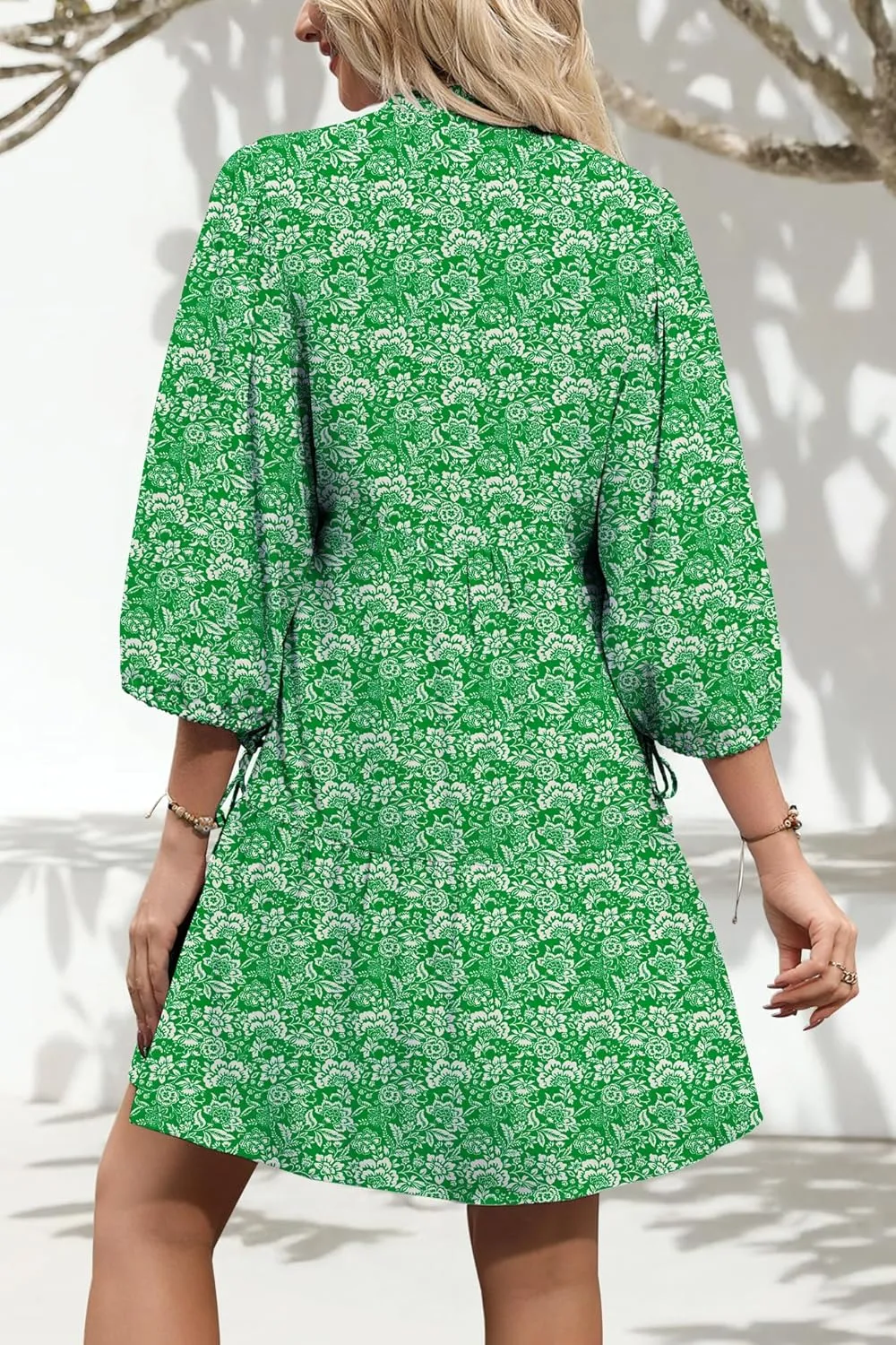 Summer Mini Dresses Casual V Neck Drawstring Button Down 3/4 Sleeve Boho Floral Flowy Beach Shirt Dress Pockets