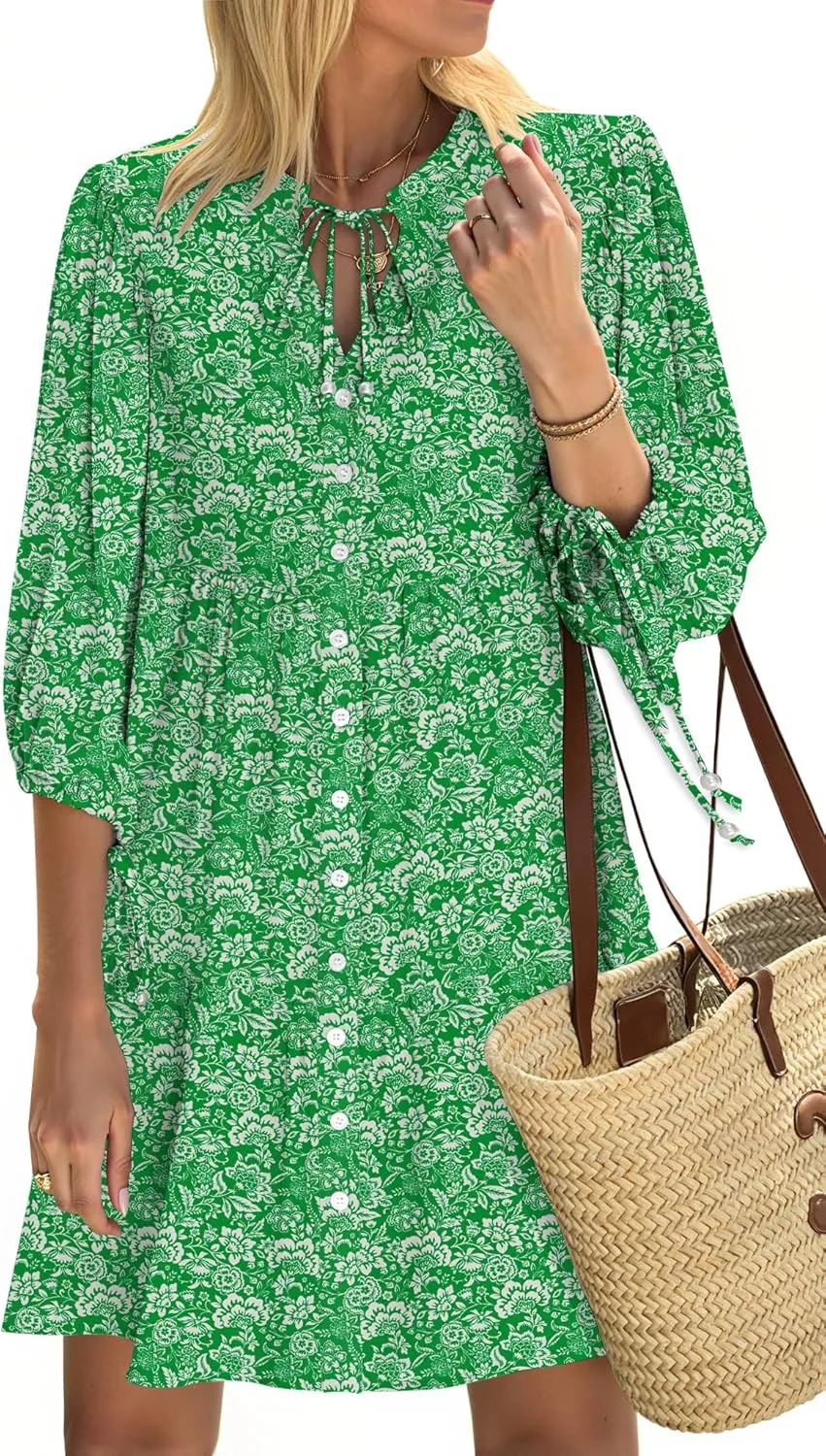 Summer Mini Dresses Casual V Neck Drawstring Button Down 3/4 Sleeve Boho Floral Flowy Beach Shirt Dress Pockets