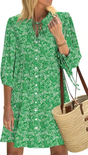 Summer Mini Dresses Casual V Neck Drawstring Button Down 3/4 Sleeve Boho Floral Flowy Beach Shirt Dress Pockets