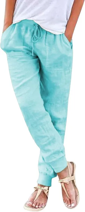 Summer Pants For Women 2024 Linen Straight Leg Beach Pants Drawstring High Waist Loose Comfy Trousers with Pockets