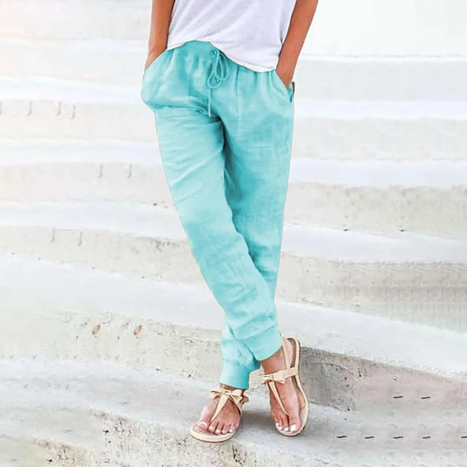 Summer Pants For Women 2024 Linen Straight Leg Beach Pants Drawstring High Waist Loose Comfy Trousers with Pockets