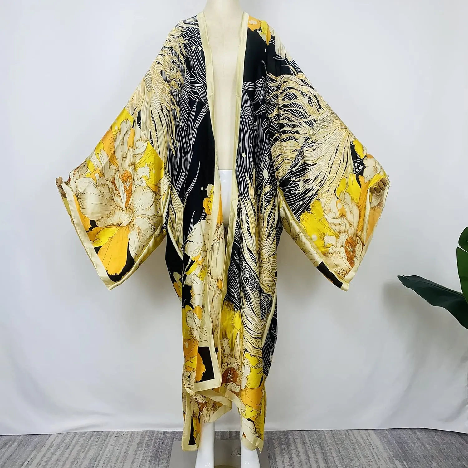 Summer Silk feeling beach cover up Women Cardigan fashion sexy Boho African Holiday party long Sleeve Robe kimono Kaftan