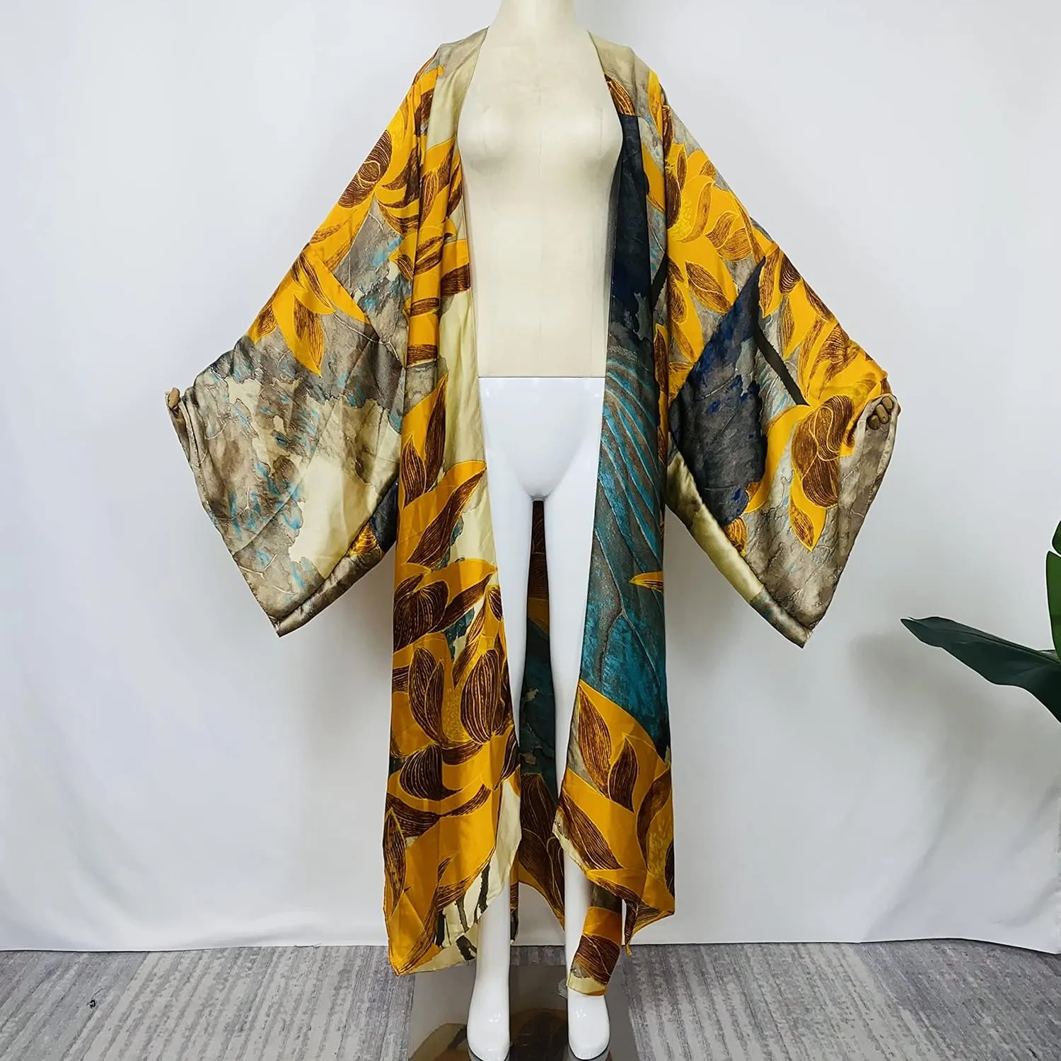 Summer Silk feeling Women bikini Sweet Cardigan stitch Cocktail sexcy Boho African Holiday Maxi Batwing SleeveRobe kaftan