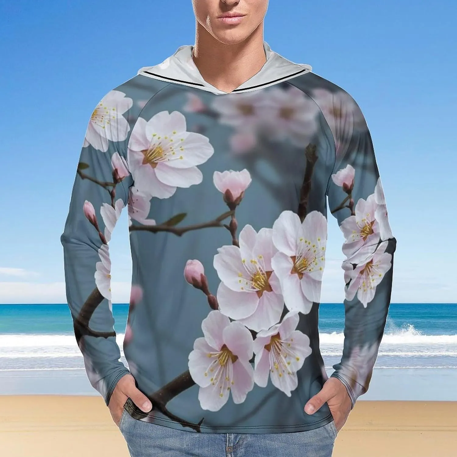 Sun Protection Shirt Long Sleeve Hoodie Cherry Blossom Lightweight Rash Guard Quick Dry Sun Shirt for Outdoor