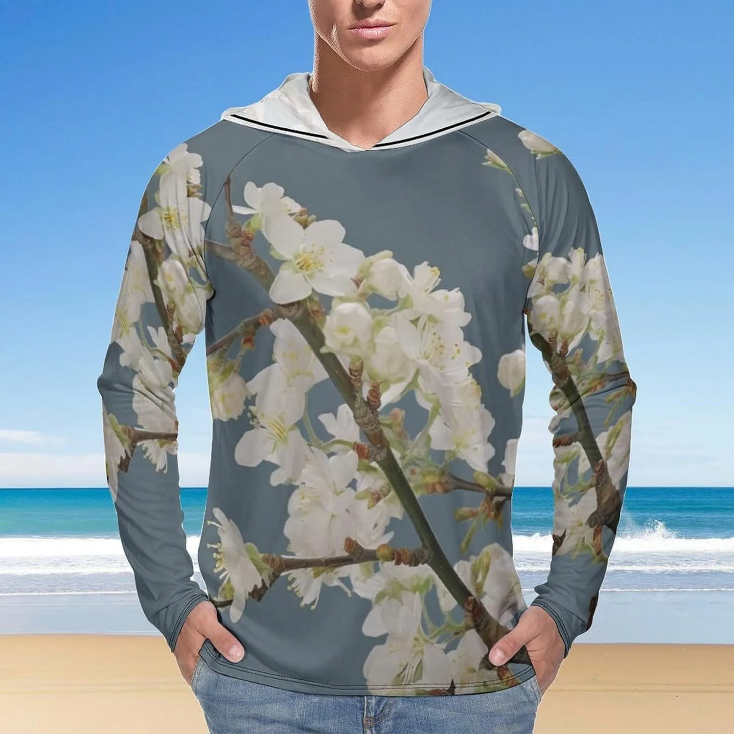 Sun Protection Shirt Long Sleeve Hoodie Cherry Plum Flowers Lightweight Rash Guard Quick Dry Sun Shirt for Outdoor