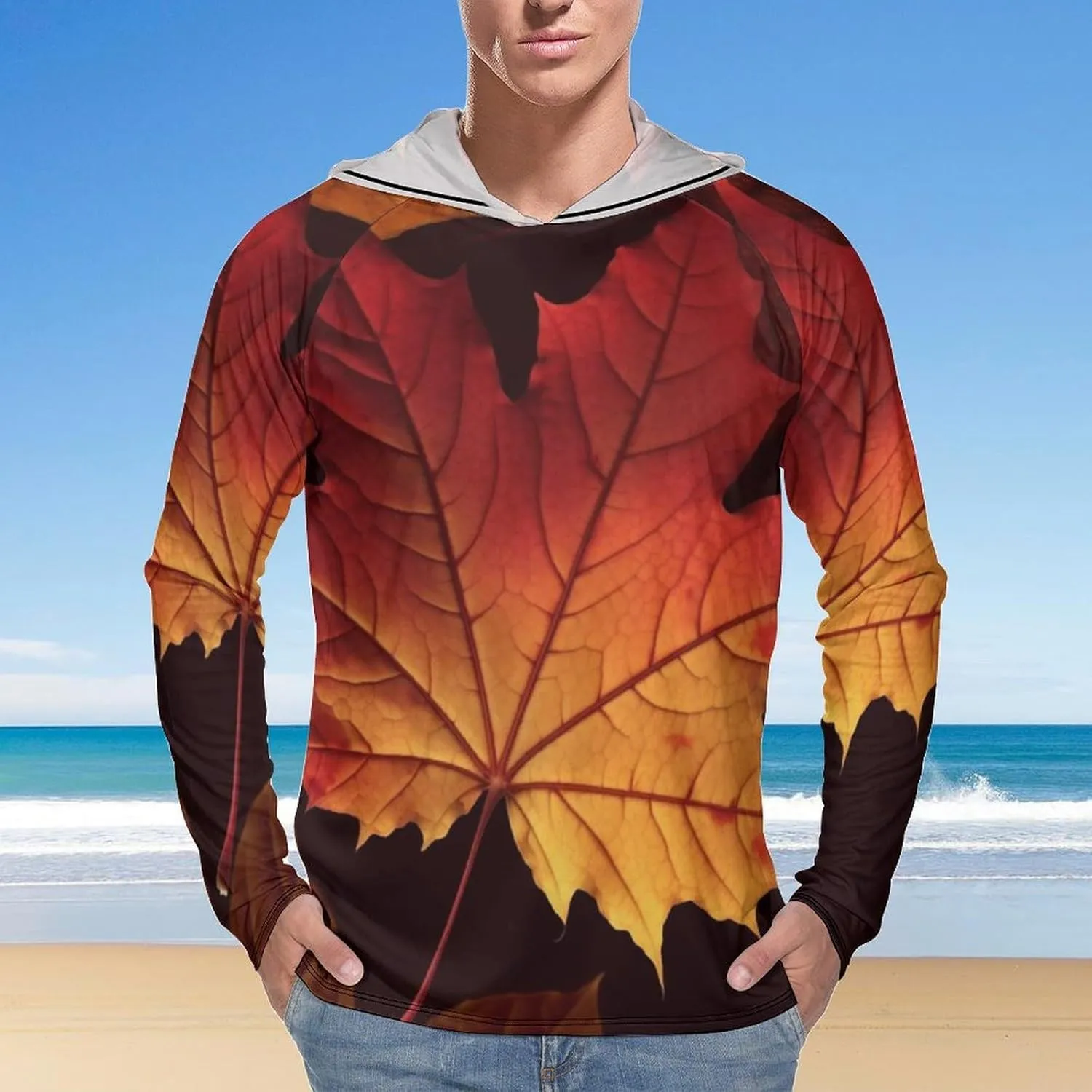 Sun Protection Shirt Long Sleeve Hoodie Fall Autumn Leaves Lightweight Rash Guard Quick Dry Sun Shirt for Outdoor
