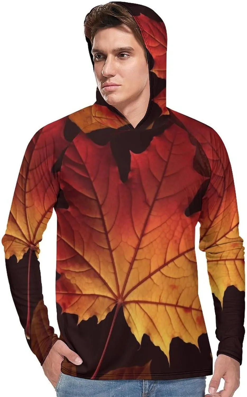 Sun Protection Shirt Long Sleeve Hoodie Fall Autumn Leaves Lightweight Rash Guard Quick Dry Sun Shirt for Outdoor