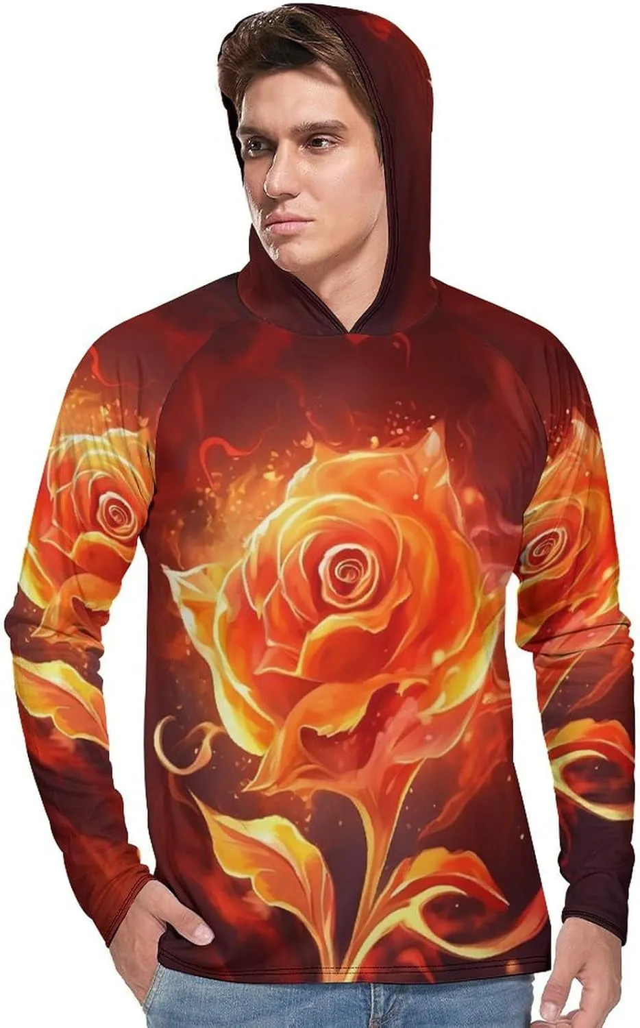 Sun Protection Shirt Long Sleeve Hoodie Flame Rose Lightweight Rash Guard Quick Dry Sun Shirt for Outdoor