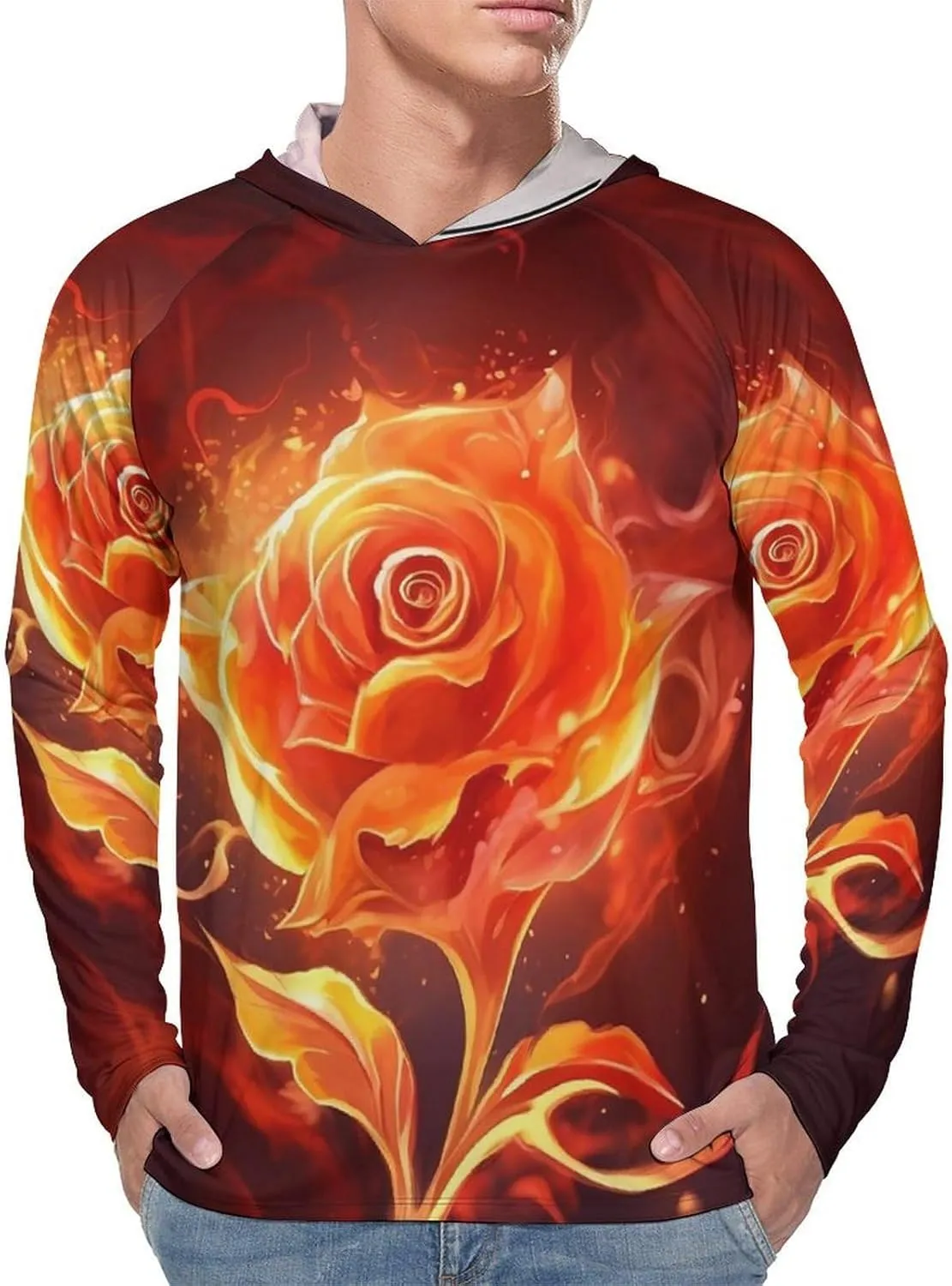 Sun Protection Shirt Long Sleeve Hoodie Flame Rose Lightweight Rash Guard Quick Dry Sun Shirt for Outdoor