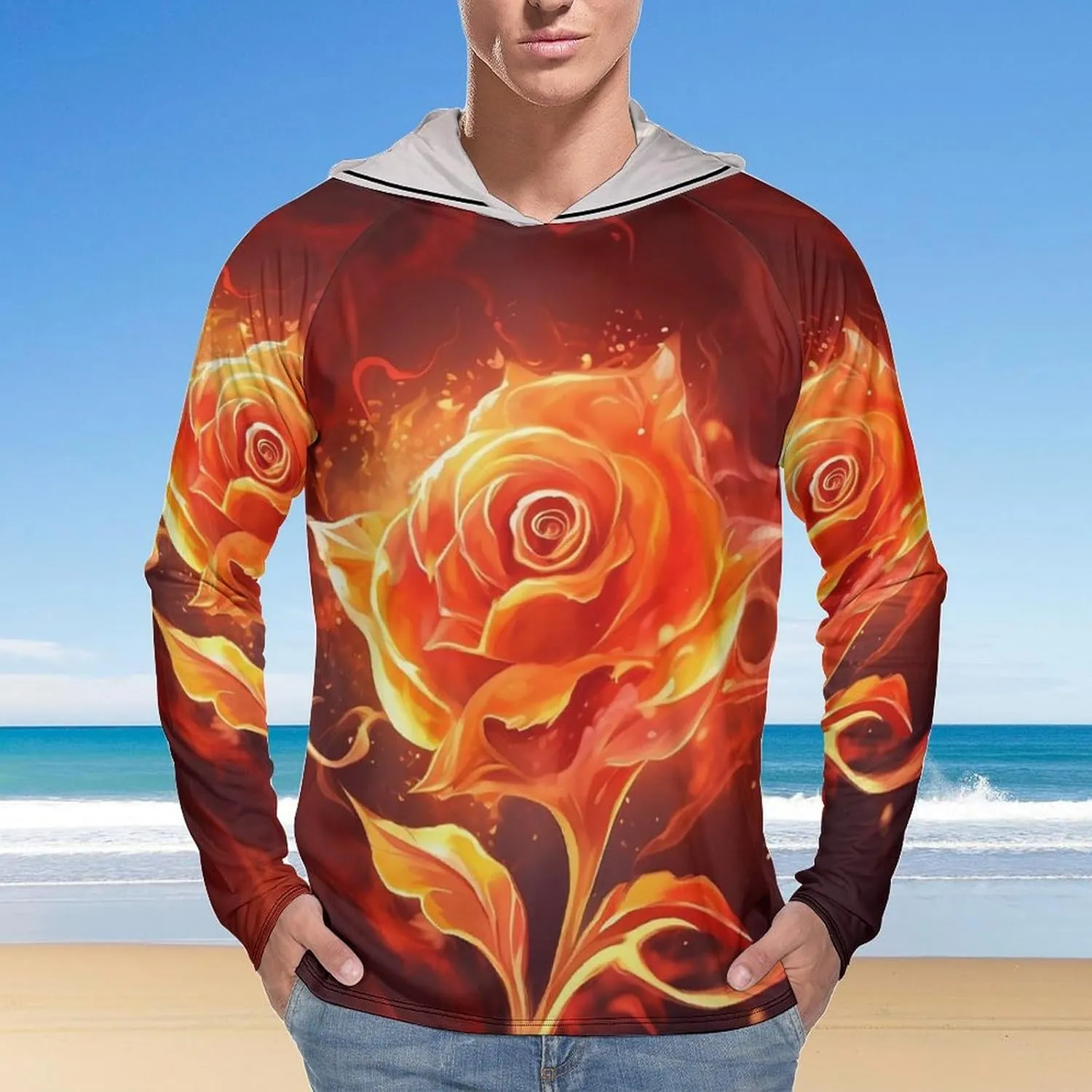Sun Protection Shirt Long Sleeve Hoodie Flame Rose Lightweight Rash Guard Quick Dry Sun Shirt for Outdoor