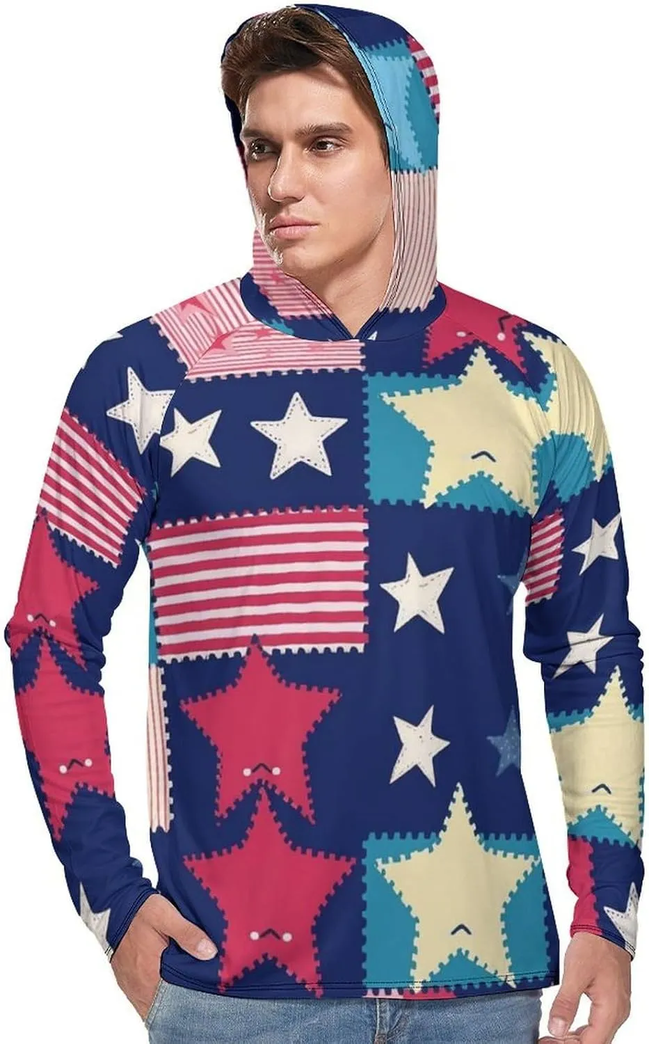 Sun Protection Shirt Long Sleeve Hoodie Stars Pattern Lightweight Rash Guard Quick Dry Sun Shirt for Outdoor