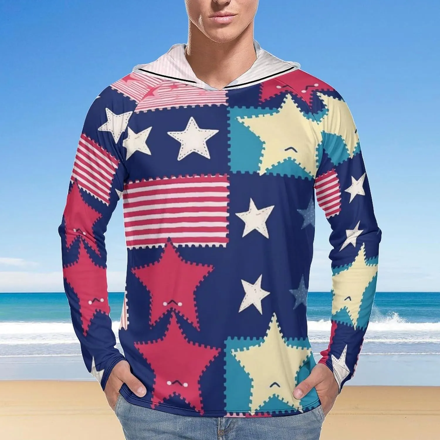 Sun Protection Shirt Long Sleeve Hoodie Stars Pattern Lightweight Rash Guard Quick Dry Sun Shirt for Outdoor