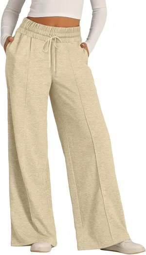 Sweatpants Women Baggy Wide Leg Elastic Drawstring Lounge Pants Straight Leg Open Bottom High Waist Joggers Trouser