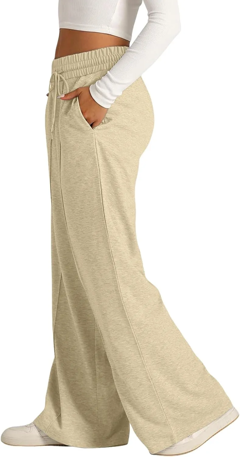 Sweatpants Women Baggy Wide Leg Elastic Drawstring Lounge Pants Straight Leg Open Bottom High Waist Joggers Trouser