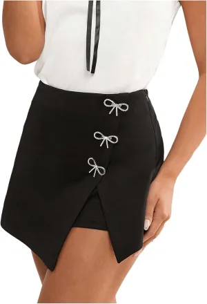 SweatyRocks Women's Bow Split Skort Shorts Rhinestone High Waisted Dressy Work Shorts