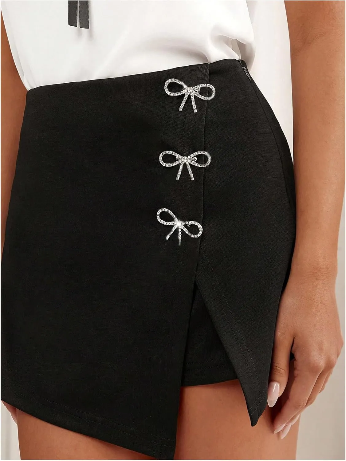 SweatyRocks Women's Bow Split Skort Shorts Rhinestone High Waisted Dressy Work Shorts