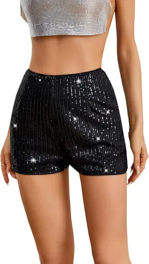 SweatyRocks Women's Sequins High Elastic Waist Straight Leg Shorts Solid Glitter Party Shorts