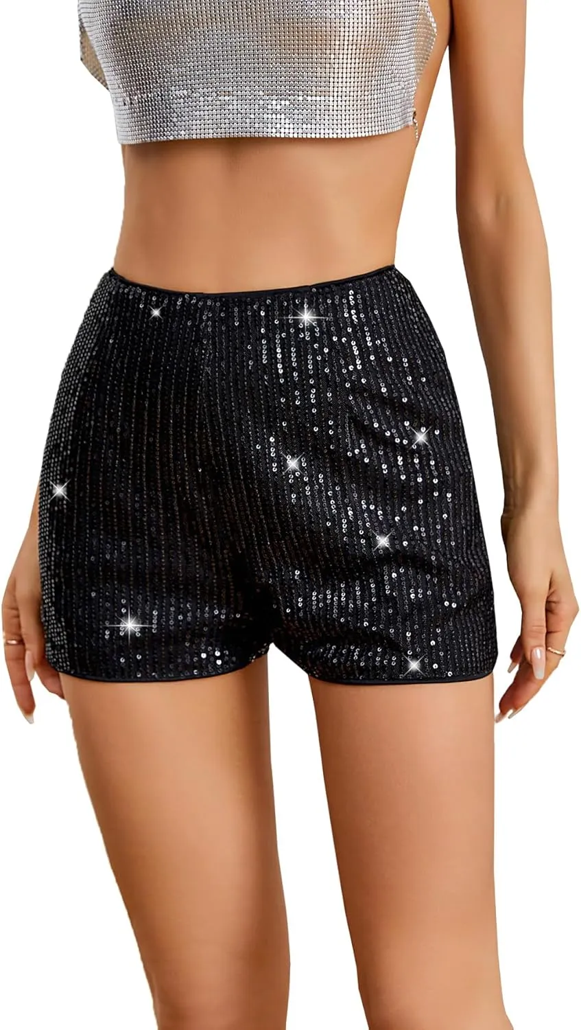 SweatyRocks Women's Sequins High Elastic Waist Straight Leg Shorts Solid Glitter Party Shorts