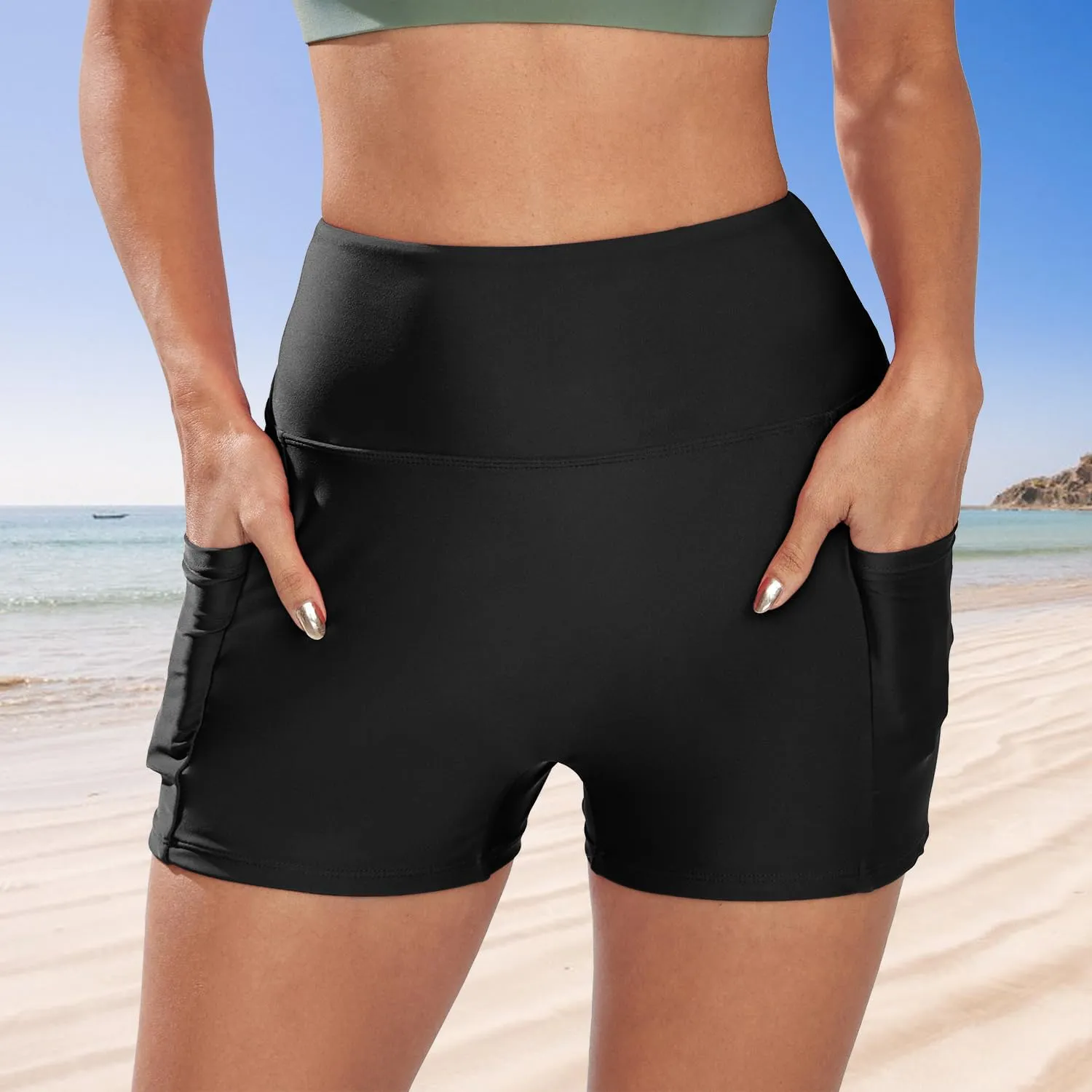 Swim Shorts for Women Stretchy Board Shorts Solid Tankini Bottoms Sport Swimsuit Bottoms