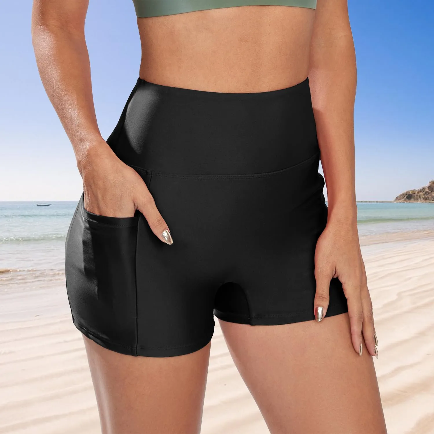 Swim Shorts for Women Stretchy Board Shorts Solid Tankini Bottoms Sport Swimsuit Bottoms