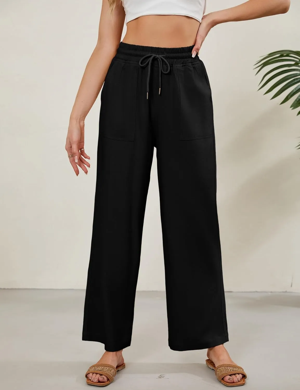 Tanming Womens Linen Pants Summer Casual Drawstring High Waisted Cotton Pants Beach Pants with Pockets