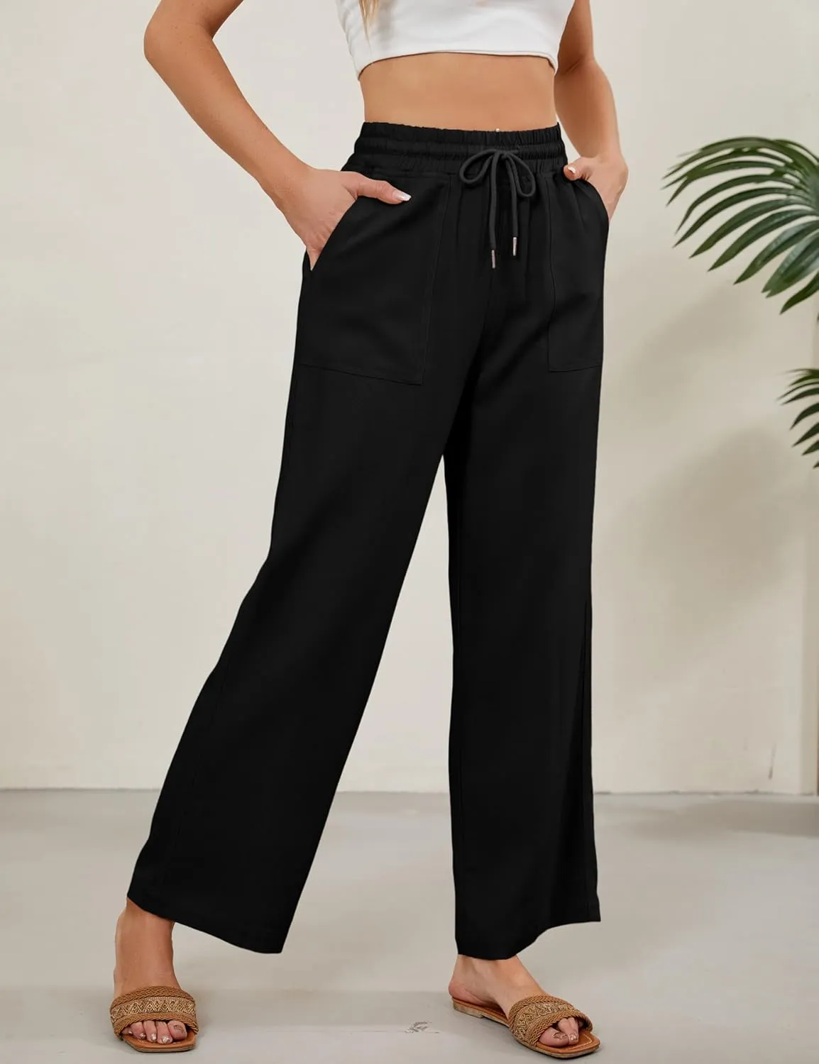 Tanming Womens Linen Pants Summer Casual Drawstring High Waisted Cotton Pants Beach Pants with Pockets
