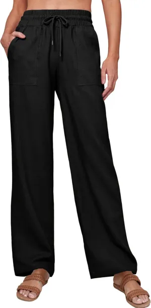Tanming Womens Linen Pants Summer Casual Drawstring High Waisted Cotton Pants Beach Pants with Pockets