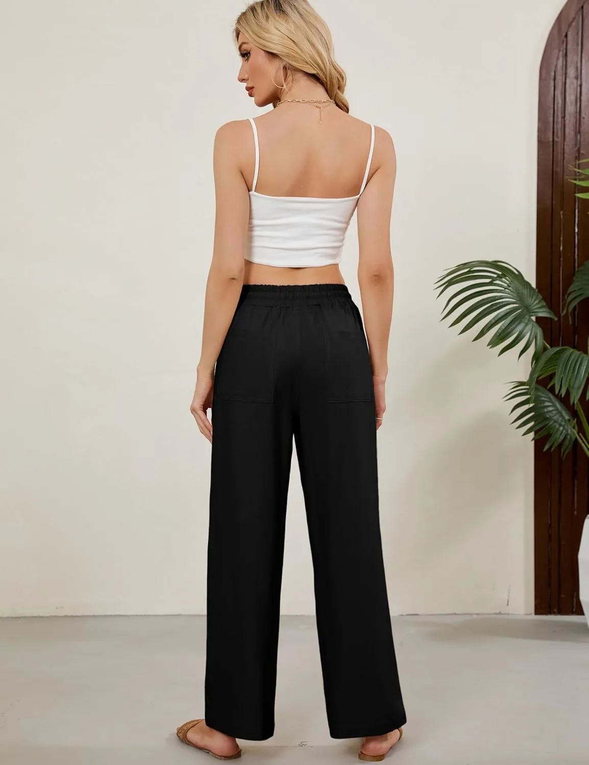 Tanming Womens Linen Pants Summer Casual Drawstring High Waisted Cotton Pants Beach Pants with Pockets
