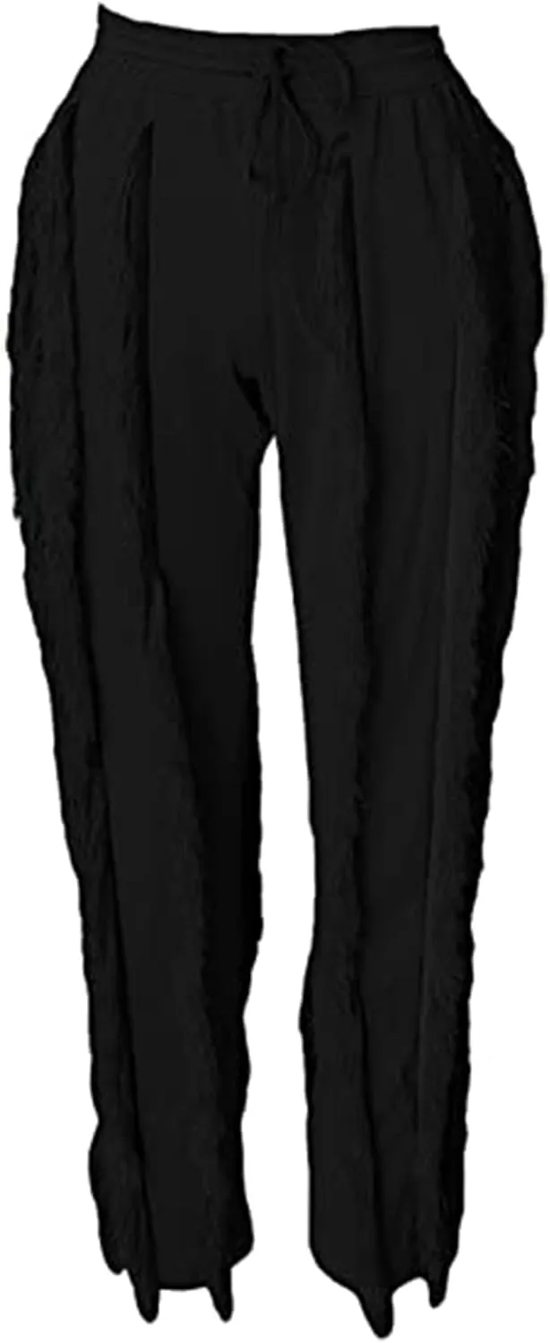 Tcremisa Fringe Pants for Women High Waist Tassel Trousers Drawstring Jogger Sweatpants Clubwear