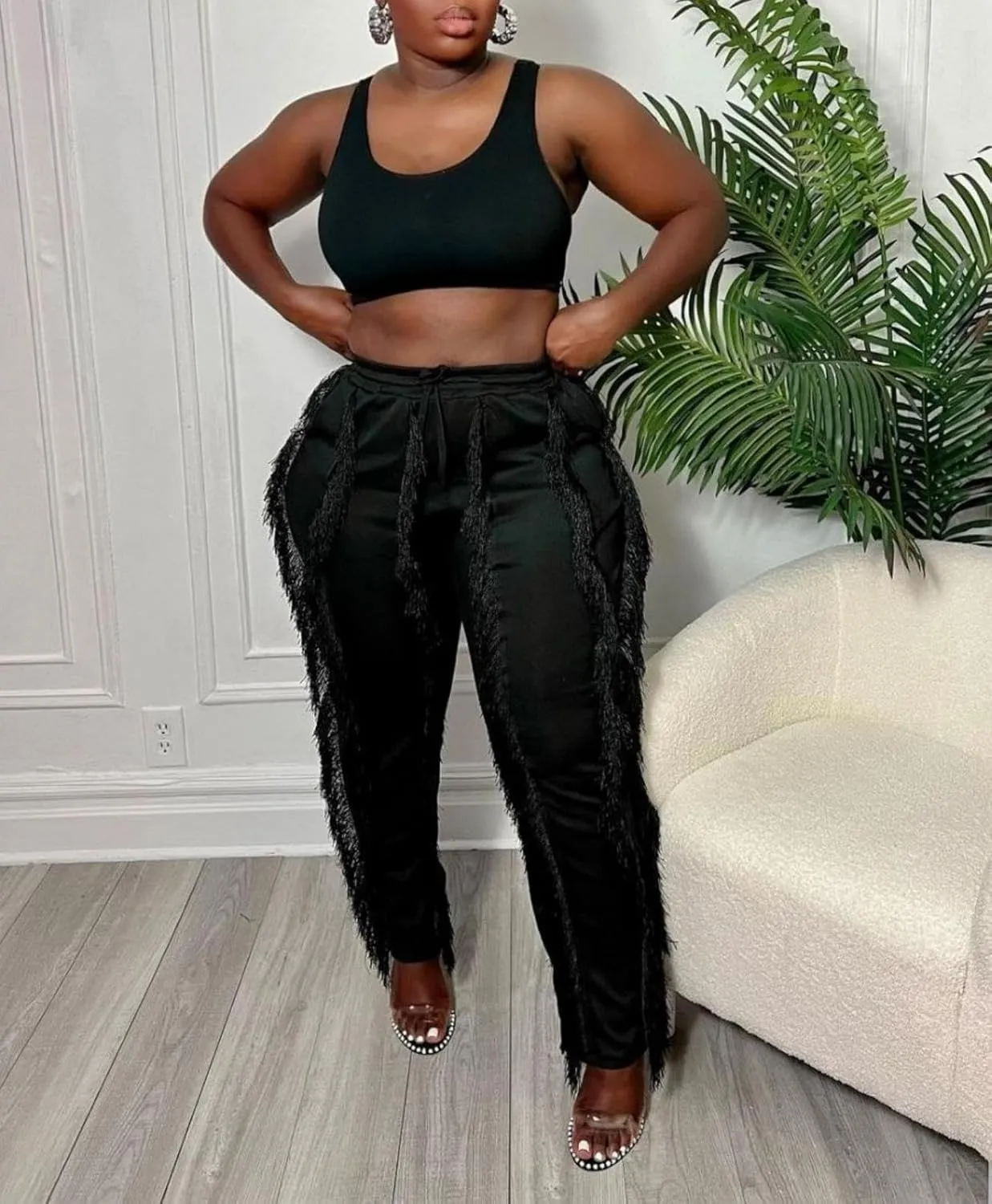 Tcremisa Fringe Pants for Women High Waist Tassel Trousers Drawstring Jogger Sweatpants Clubwear