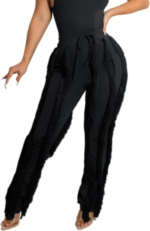 Tcremisa Fringe Pants for Women High Waist Tassel Trousers Drawstring Jogger Sweatpants Clubwear
