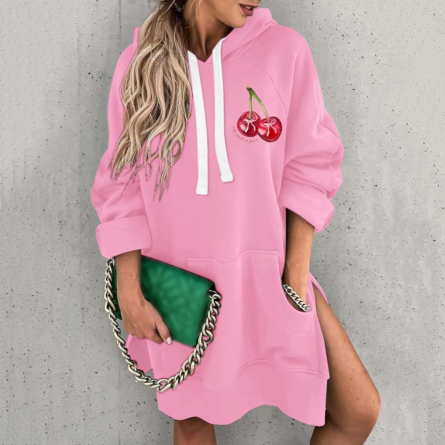 The Warmy Oversized Hoodie Dress Women Casual Cherry Print Long Sleeve Warmy Hoodie Split Hem Hoodies with Pocket