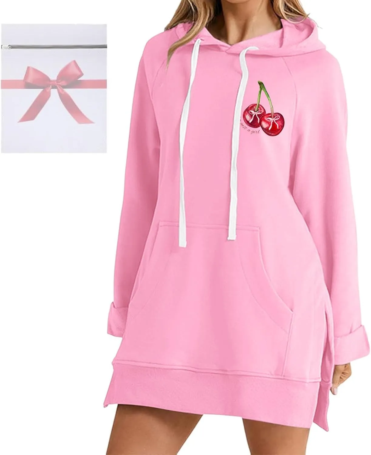 The Warmy Oversized Hoodie Dress Women Casual Cherry Print Long Sleeve Warmy Hoodie Split Hem Hoodies with Pocket