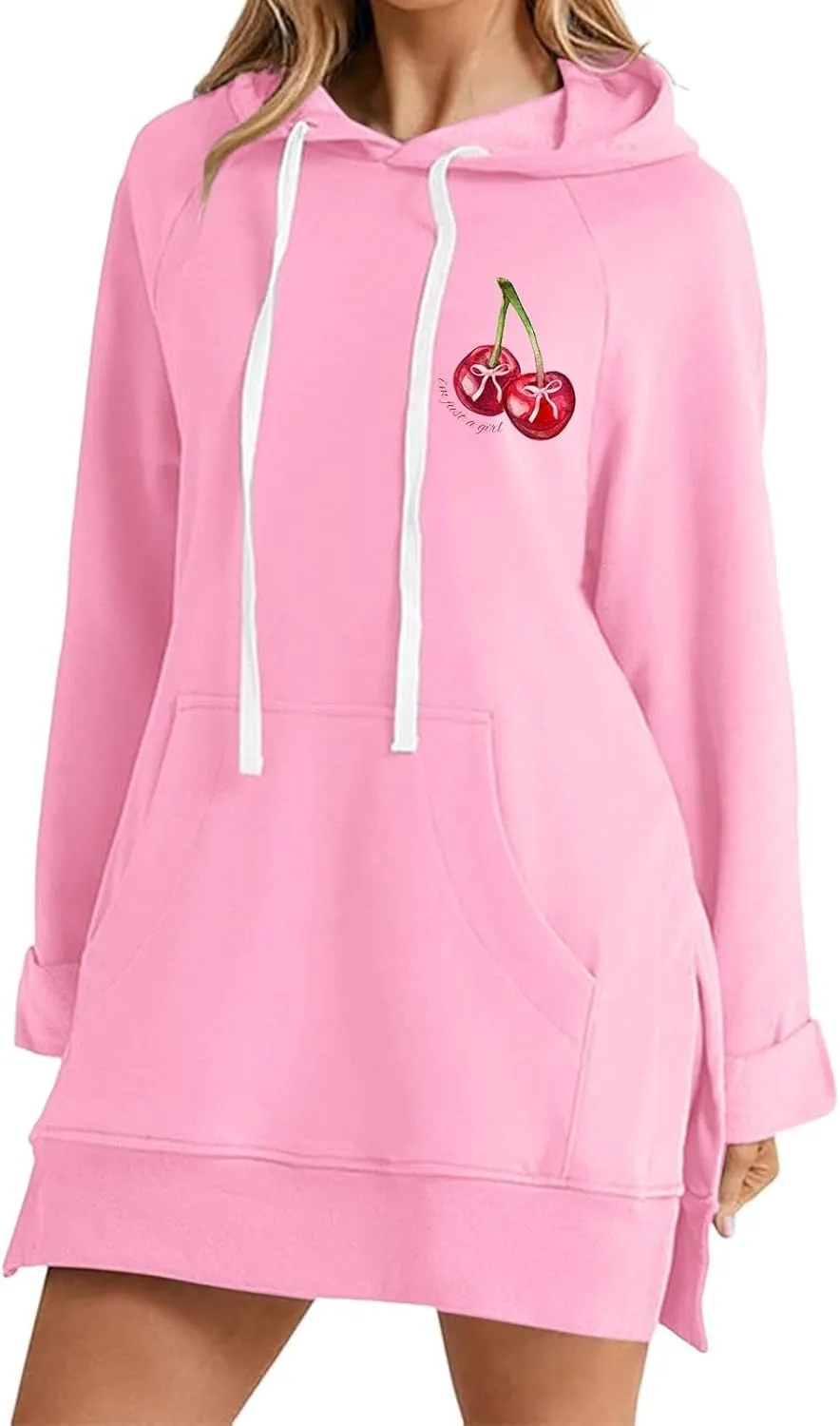 The Warmy Oversized Hoodie Dress Women Casual Cherry Print Long Sleeve Warmy Hoodie Split Hem Hoodies with Pocket