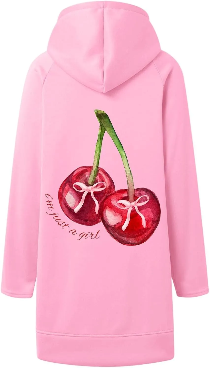 The Warmy Oversized Hoodie Dress Women Casual Cherry Print Long Sleeve Warmy Hoodie Split Hem Hoodies with Pocket