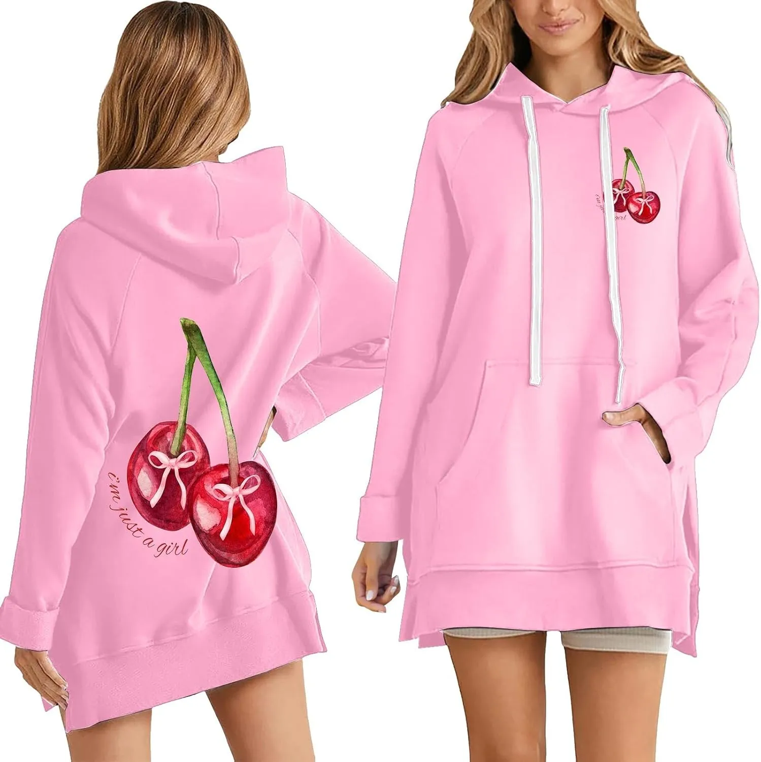 The Warmy Oversized Hoodie Dress Women Casual Cherry Print Long Sleeve Warmy Hoodie Split Hem Hoodies with Pocket