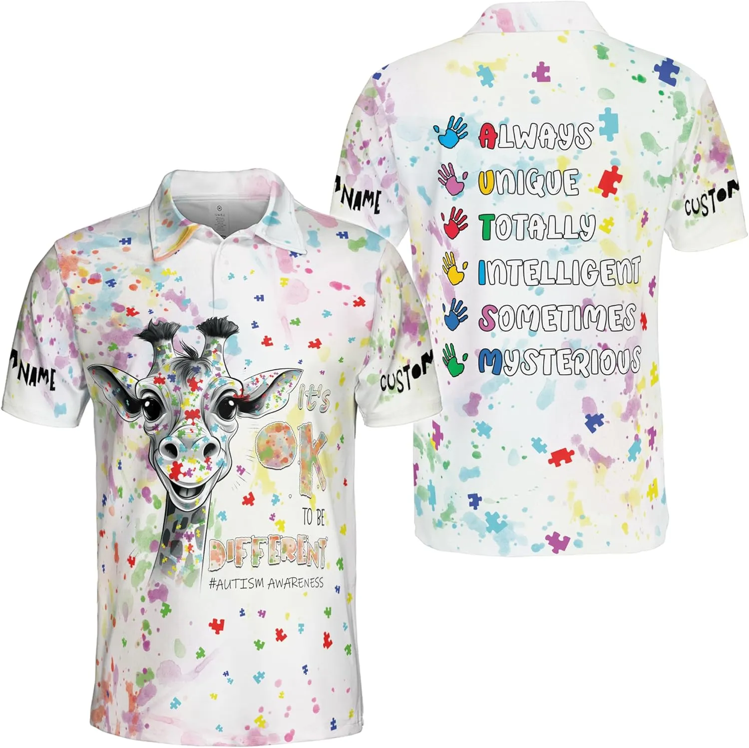 ThuhaTree Store Personalized Name Autism Awareness Hearts Colorful Men & Women Polo Shirt S-5XL, Polo Autism Shirt
